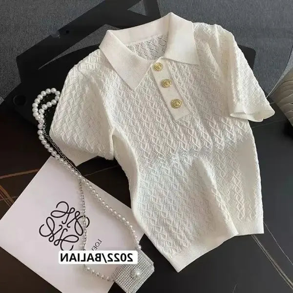 Ice Silk Polo Shirt Knitted Short Sleeve T-Shirt Summer Chic Thin Unique Jacquard Women Tops 2025 Korean Style Women’s