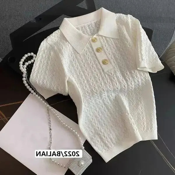 Ice Silk Polo Shirt Knitted Short Sleeve T-Shirt Summer Chic Thin Unique Jacquard Women Tops 2025 Korean Style Women’s