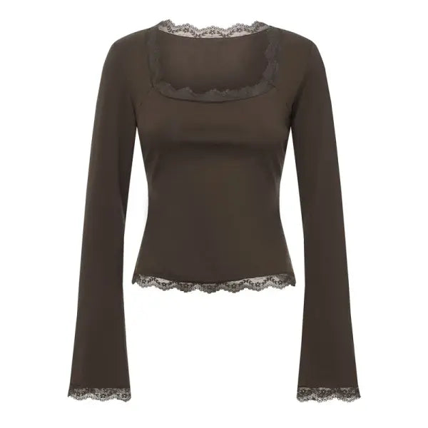 Imcute Women’s Lace Trim Square Neck Tee – Y2K Streetwear Party Blouse – Slim Fit Long Sleeve Spring Fashion - Brown / S