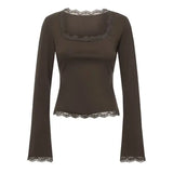 Imcute Women’s Lace Trim Square Neck Tee – Y2K Streetwear Party Blouse – Slim Fit Long Sleeve Spring Fashion - Brown / S
