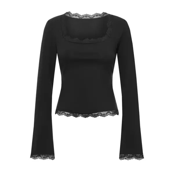 Imcute Women’s Lace Trim Square Neck Tee – Y2K Streetwear Party Blouse – Slim Fit Long Sleeve Spring Fashion - black