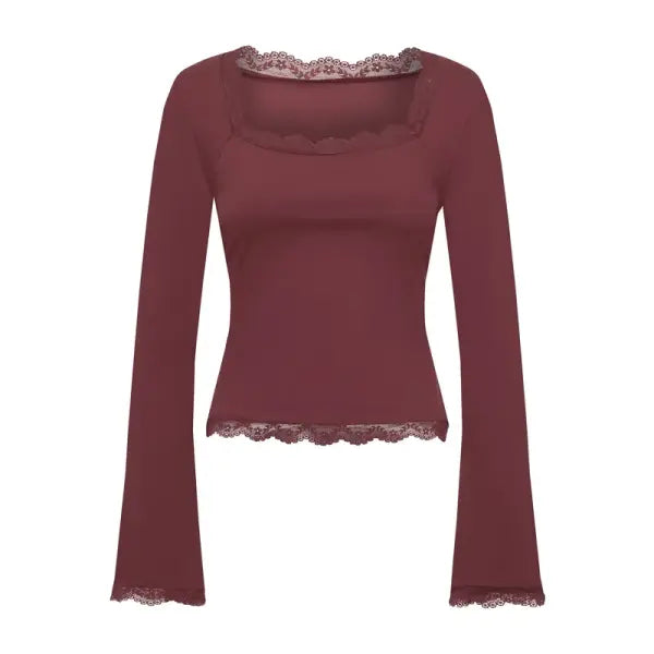 Imcute Women’s Lace Trim Square Neck Tee – Y2K Streetwear Party Blouse – Slim Fit Long Sleeve Spring Fashion - Claret