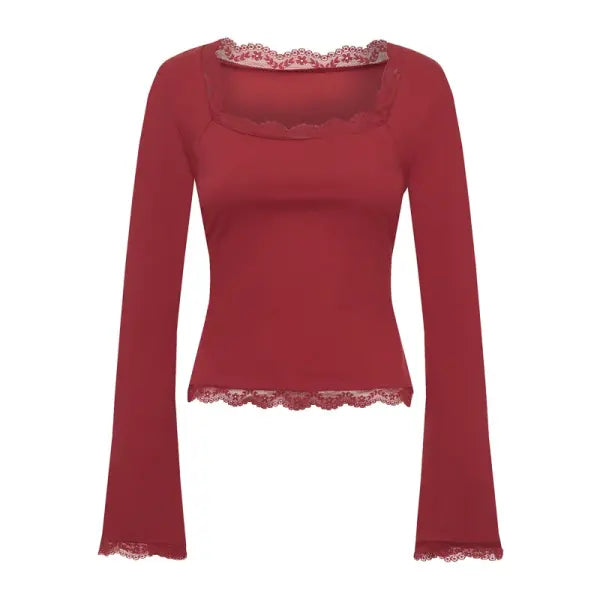 Imcute Women’s Lace Trim Square Neck Tee – Y2K Streetwear Party Blouse – Slim Fit Long Sleeve Spring Fashion - Red / XL