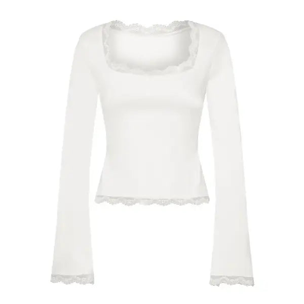 Imcute Women’s Lace Trim Square Neck Tee – Y2K Streetwear Party Blouse – Slim Fit Long Sleeve Spring Fashion - WHITE / S