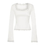 Imcute Women’s Lace Trim Square Neck Tee – Y2K Streetwear Party Blouse – Slim Fit Long Sleeve Spring Fashion - WHITE / S