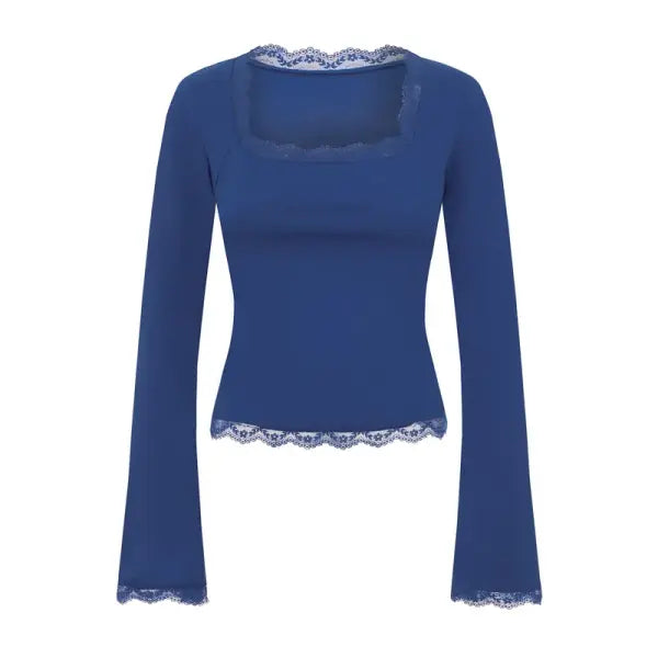 Imcute Women’s Lace Trim Square Neck Tee – Y2K Streetwear Party Blouse – Slim Fit Long Sleeve Spring Fashion - Blue / S