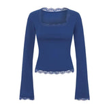Imcute Women’s Lace Trim Square Neck Tee – Y2K Streetwear Party Blouse – Slim Fit Long Sleeve Spring Fashion - Blue / S