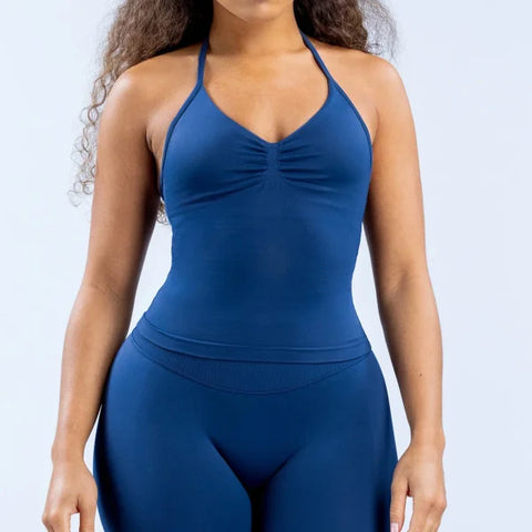 Impact Gym Top for Women - Longline Yoga Vest Open Back Workout Halter Seamless Sleeveless Fitness Tank - Deep Sea / XL