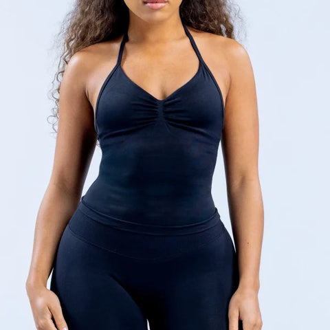 Impact Gym Top for Women - Longline Yoga Vest Open Back Workout Halter Seamless Sleeveless Fitness Tank - Black / XS