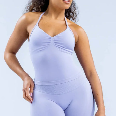 Impact Gym Top for Women - Longline Yoga Vest Open Back Workout Halter Seamless Sleeveless Fitness Tank - Lilac / XL