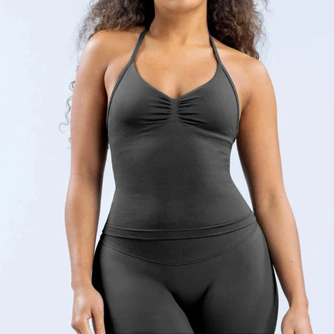 Impact Gym Top for Women - Longline Yoga Vest Open Back Workout Halter Seamless Sleeveless Fitness Tank - Dark Grey / XL