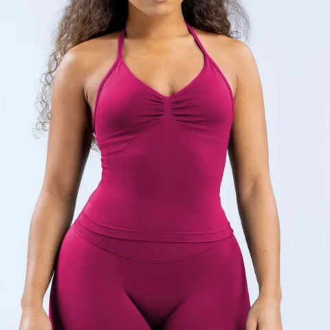 Impact Gym Top for Women - Longline Yoga Vest Open Back Workout Halter Seamless Sleeveless Fitness Tank - Berry / XL