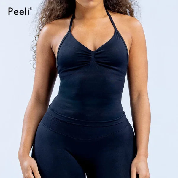 Impact Gym Top for Women - Longline Yoga Vest Open Back Workout Halter Seamless Sleeveless Fitness Tank