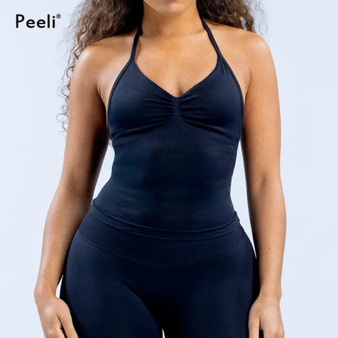 Impact Gym Top for Women - Longline Yoga Vest Open Back Workout Halter Seamless Sleeveless Fitness Tank