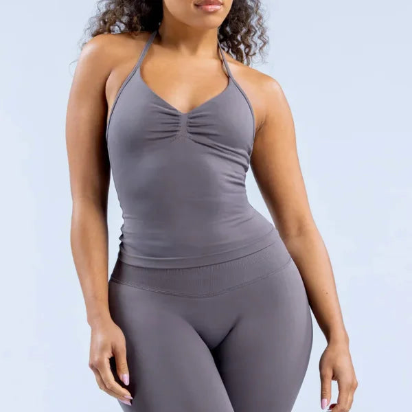 Impact Gym Top for Women - Longline Yoga Vest Open Back Workout Halter Seamless Sleeveless Fitness Tank - Truffle / XL
