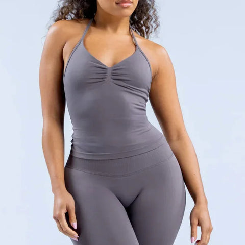 Impact Gym Top for Women - Longline Yoga Vest Open Back Workout Halter Seamless Sleeveless Fitness Tank - Truffle / XL