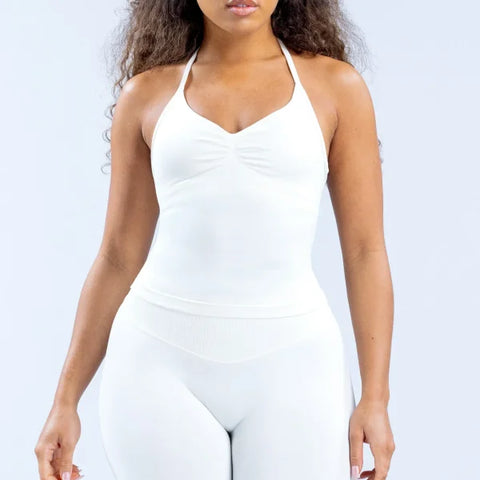Impact Gym Top for Women - Longline Yoga Vest Open Back Workout Halter Seamless Sleeveless Fitness Tank - Ivory / S