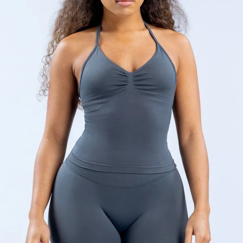 Impact Gym Top for Women - Longline Yoga Vest Open Back Workout Halter Seamless Sleeveless Fitness Tank - Slate Grey