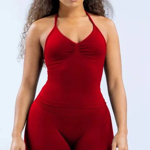 Impact Gym Top for Women - Longline Yoga Vest Open Back Workout Halter Seamless Sleeveless Fitness Tank - Wine red / XL