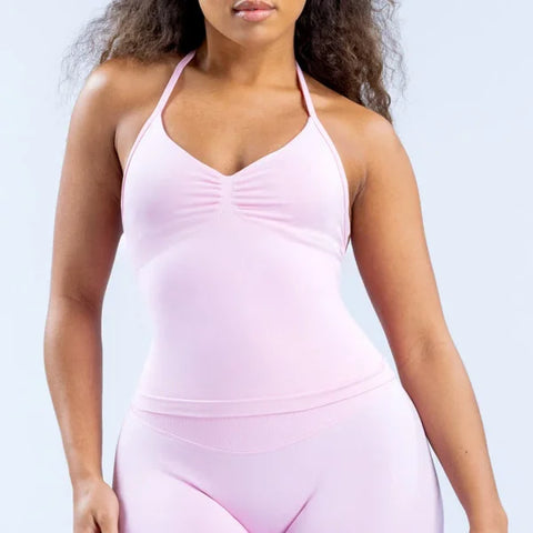 Impact Gym Top for Women - Longline Yoga Vest Open Back Workout Halter Seamless Sleeveless Fitness Tank - Pink / XL