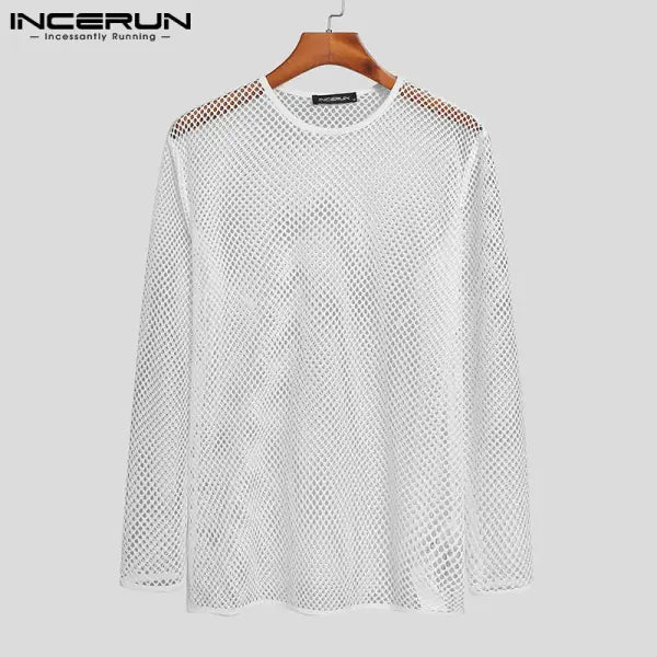 INCERUN 2024 Men T Shirt Mesh Transparent O-neck Long Sleeve T-shirts Sexy Streetwear Fashion Party Nightclub Men