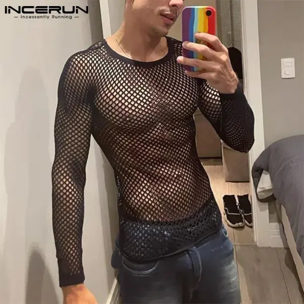 INCERUN 2024 Men T Shirt Mesh Transparent O-neck Long Sleeve T-shirts Sexy Streetwear Fashion Party Nightclub Men