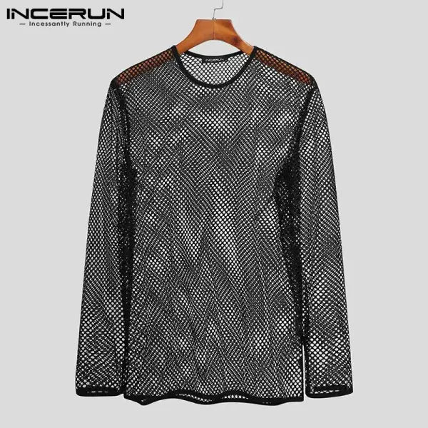 INCERUN 2024 Men T Shirt Mesh Transparent O-neck Long Sleeve T-shirts Sexy Streetwear Fashion Party Nightclub Men