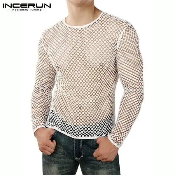 INCERUN 2024 Men T Shirt Mesh Transparent O-neck Long Sleeve T-shirts Sexy Streetwear Fashion Party Nightclub Men