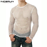 INCERUN 2024 Men T Shirt Mesh Transparent O-neck Long Sleeve T-shirts Sexy Streetwear Fashion Party Nightclub Men