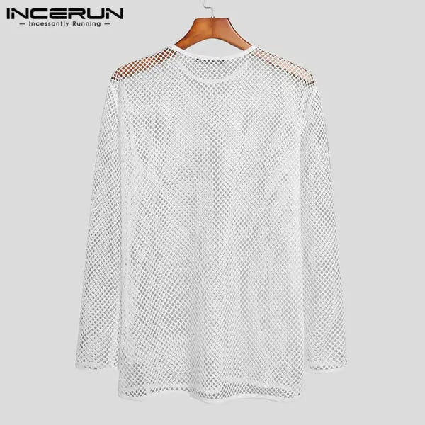 INCERUN 2024 Men T Shirt Mesh Transparent O-neck Long Sleeve T-shirts Sexy Streetwear Fashion Party Nightclub Men