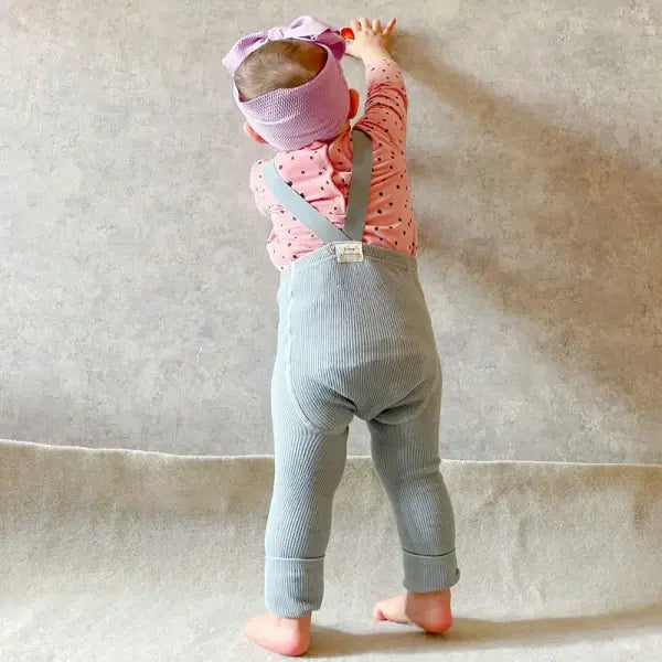 Infant Baby Suspender Leggings – High-Waist Stretchy Solid Spring Pants for Girls & Boys (1–2Y) - Light Gray