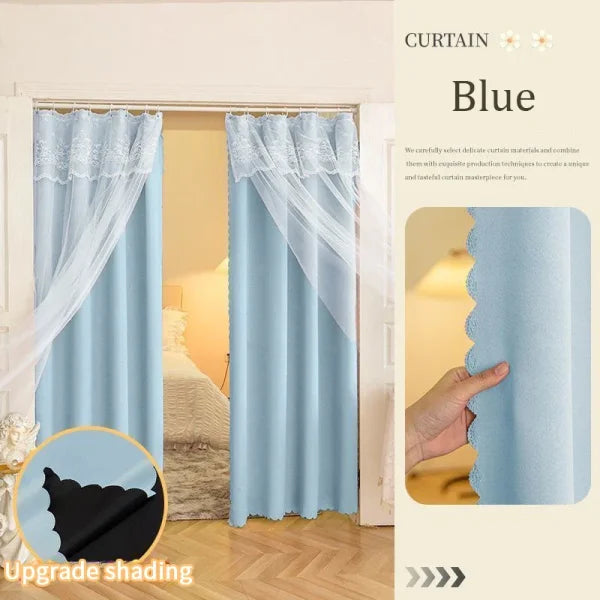 Ins Lace Curtains - Double Layer Blackout Drapes for Living Room & Bedroom - Blue / 90x200cm