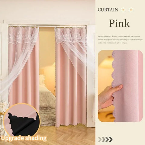 Ins Lace Curtains - Double Layer Blackout Drapes for Living Room & Bedroom - Pink / 90x200cm