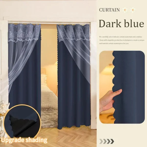 Ins Lace Curtains - Double Layer Blackout Drapes for Living Room & Bedroom - Dark blue / 90x200cm