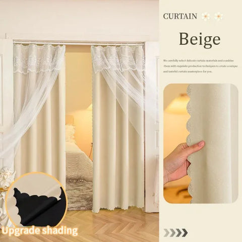 Ins Lace Curtains - Double Layer Blackout Drapes for Living Room & Bedroom - Beige / 90x200cm