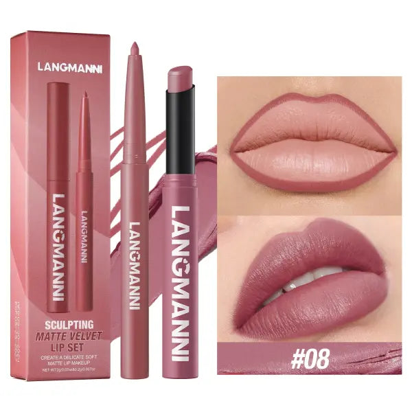 Integrated waterproof lipliner + lipstick lipstick lipstick set,no smudge,no fade,no cup,durable,easy to create