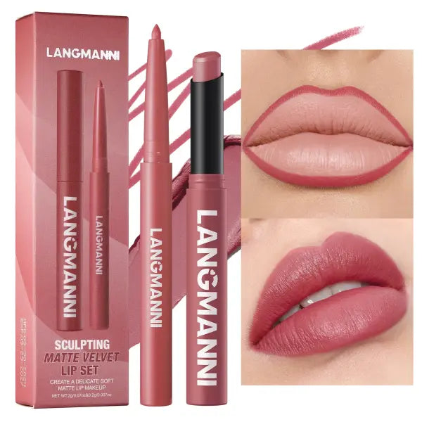Integrated waterproof lipliner + lipstick lipstick lipstick set,no smudge,no fade,no cup,durable,easy to create