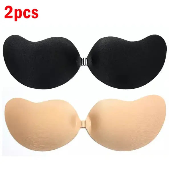 Invisible Strapless Adhesive Stick-On Bra Seamless Push-Up Silicone Bra & Nipple Covers - 2pcs- Black Skin / C