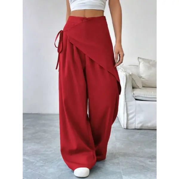 Irregular Design Wide Leg Pants Plus Size Fashion Casual Straight Trousers - Red / L - None