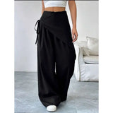 Irregular Design Wide Leg Pants Plus Size Fashion Casual Straight Trousers - Black / L - None