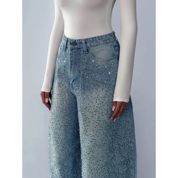 Irregular Rhinestone Slim Fit Denim Jeans – Vintage High Fashion Statement - None