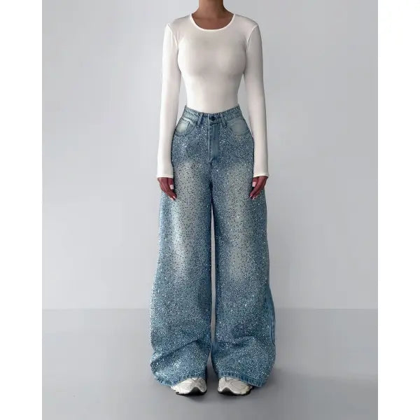 Irregular Rhinestone Slim Fit Denim Jeans – Vintage High Fashion Statement - Blue / L - None