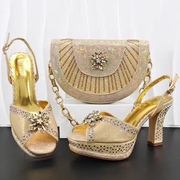 Hand Crafted Upper Rhinestone Wedding Shoe and Bag Set Gold Size - Gold / 43 / China Mainland