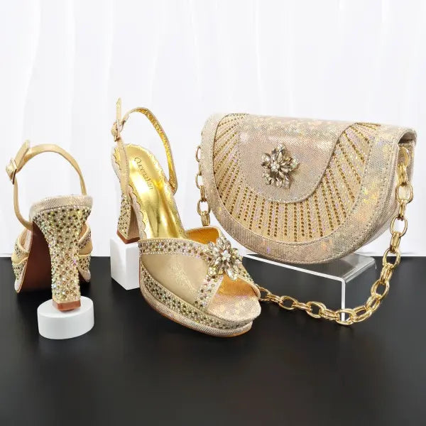 Hand Crafted Upper Rhinestone Wedding Shoe and Bag Set Gold Size