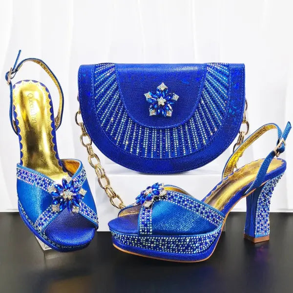 Hand Crafted Upper Rhinestone Wedding Shoe and Bag Set Gold Size - Royal blue / 38 / China Mainland