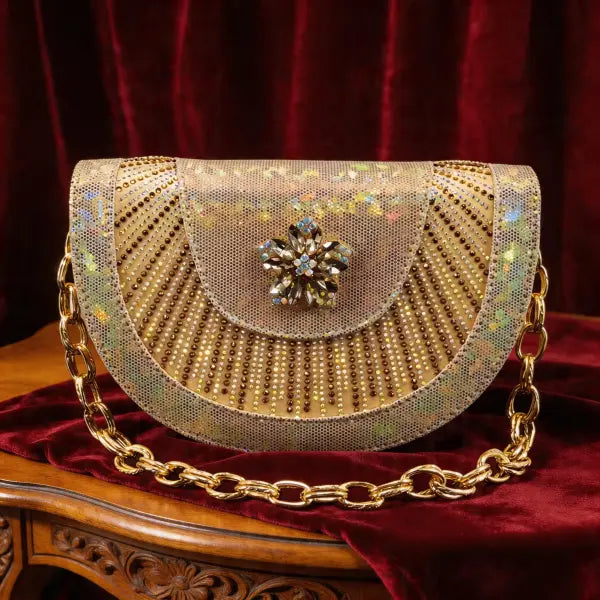 Hand Crafted Upper Rhinestone Wedding Shoe and Bag Set Gold Size