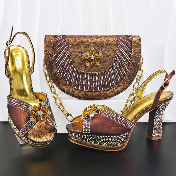 Hand Crafted Upper Rhinestone Wedding Shoe and Bag Set Gold Size - Coffee / 38 / China Mainland