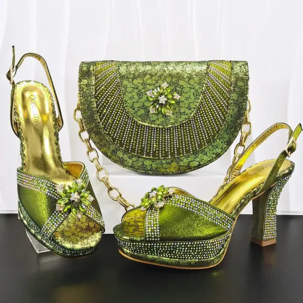 Hand Crafted Upper Rhinestone Wedding Shoe and Bag Set Gold Size - Olive / 39 / China Mainland