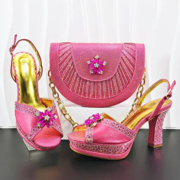 Hand Crafted Upper Rhinestone Wedding Shoe and Bag Set Gold Size - Fuchsia / 39 / China Mainland