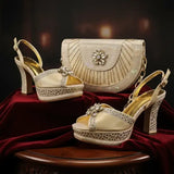 Hand Crafted Upper Rhinestone Wedding Shoe and Bag Set Gold Size